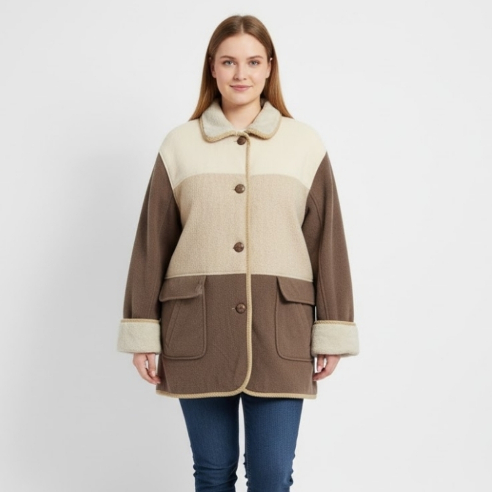 Vintage‎ HERMAN KAY Wool Blend Winter Coat 3 Tone Colorblock Beige Taupe Size 14